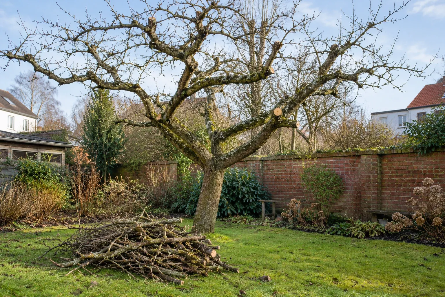 Beschnittener Obstbaum mit abgelegten Zweigen im Garten (Symbolbild)