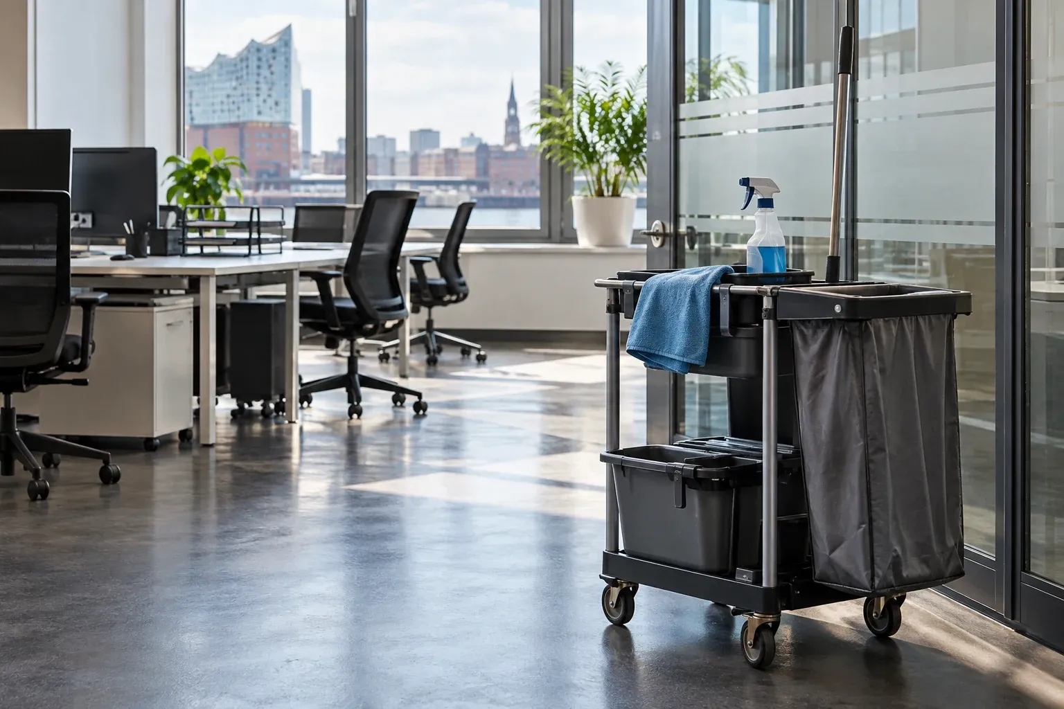 Reinigungswagen in einem aufgeräumten Büro (Symbolbild)