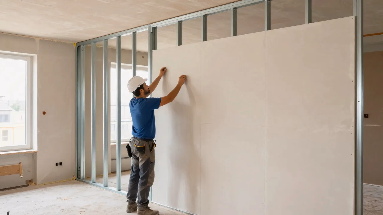 Trockenbau-Fachmann bei der Montage von Gipskartonplatten