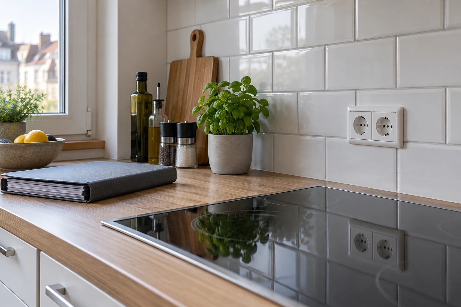 Küchenarbeitsplatte mit Kochfeld und Schuko-Steckdosen (Symbolbild)