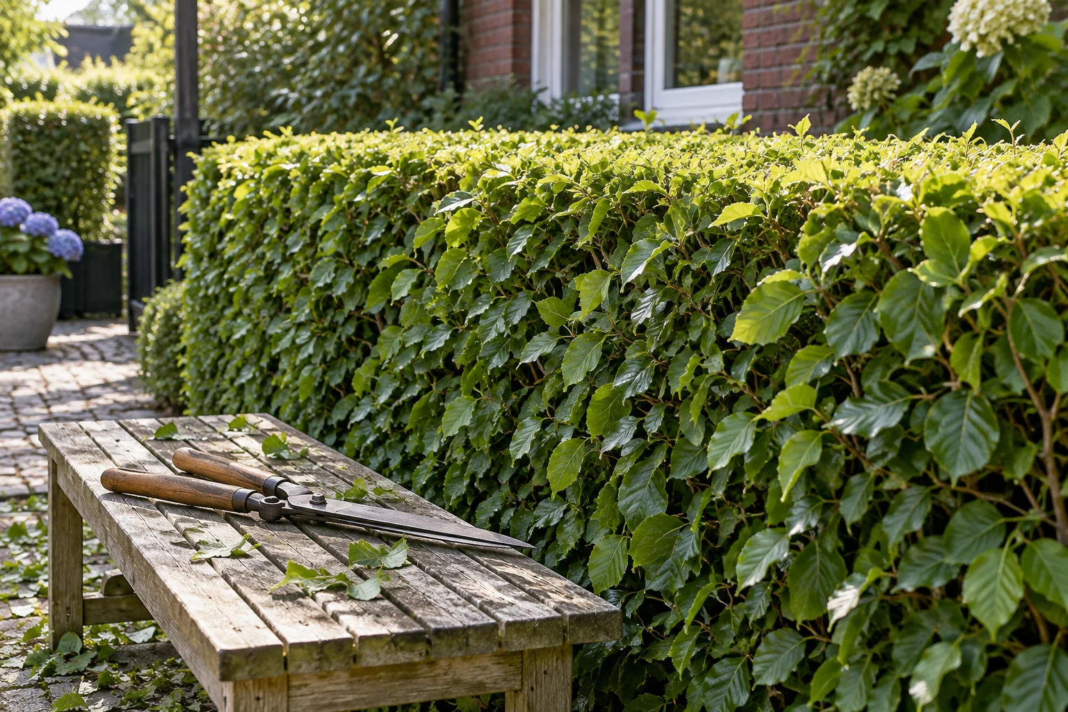 Geschnittene Hecke mit geschlossener Handheckenschere (Symbolbild)