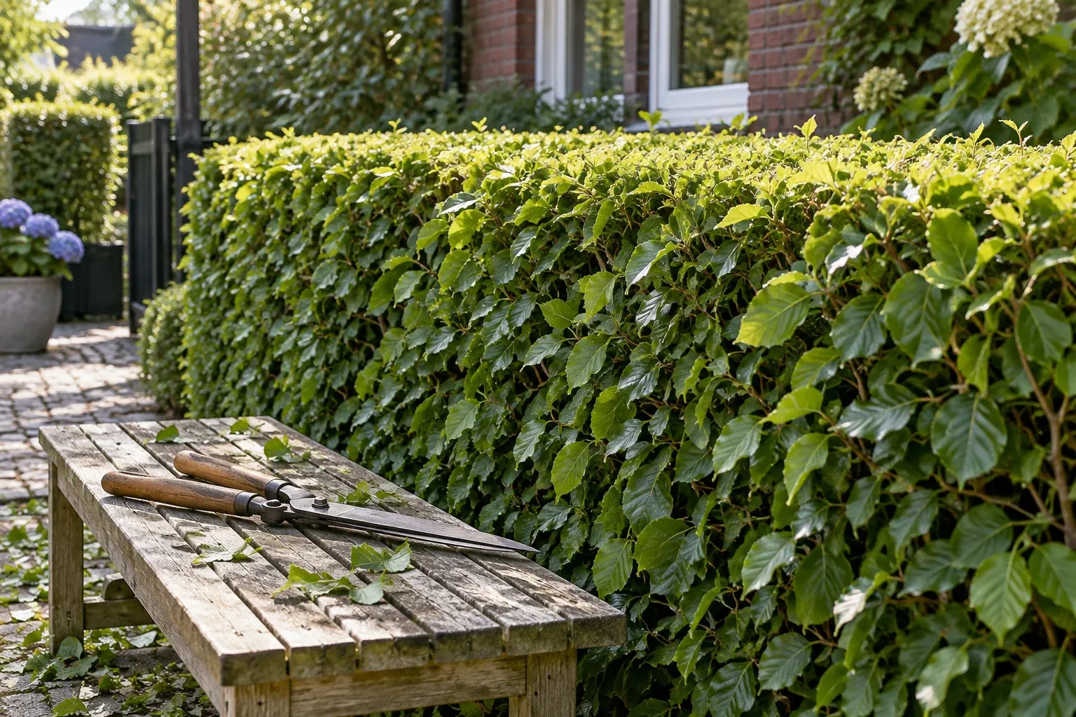 Geschnittene Hecke mit geschlossener Handheckenschere (Symbolbild)