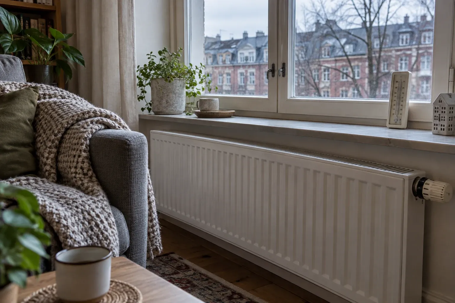 Heizkörper und Decke an einem winterlichen Wohnungsfenster (Symbolbild)