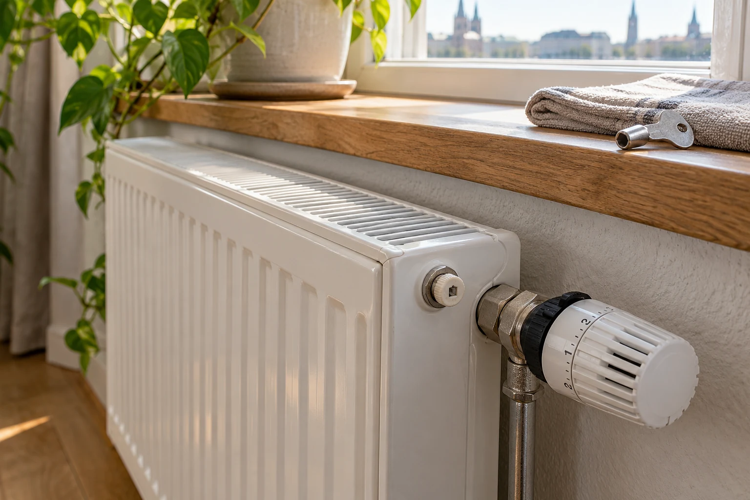Heizkörper mit Thermostat und bereitgelegtem Entlüftungsschlüssel (Symbolbild)