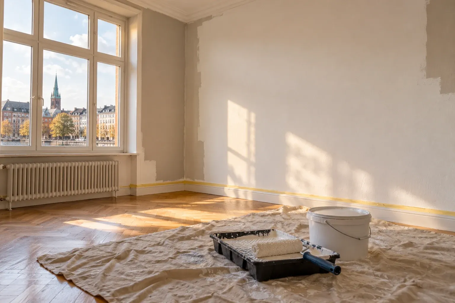 Für Malerarbeiten vorbereiteter Raum mit Farbrolle und Abdeckvlies (Symbolbild)
