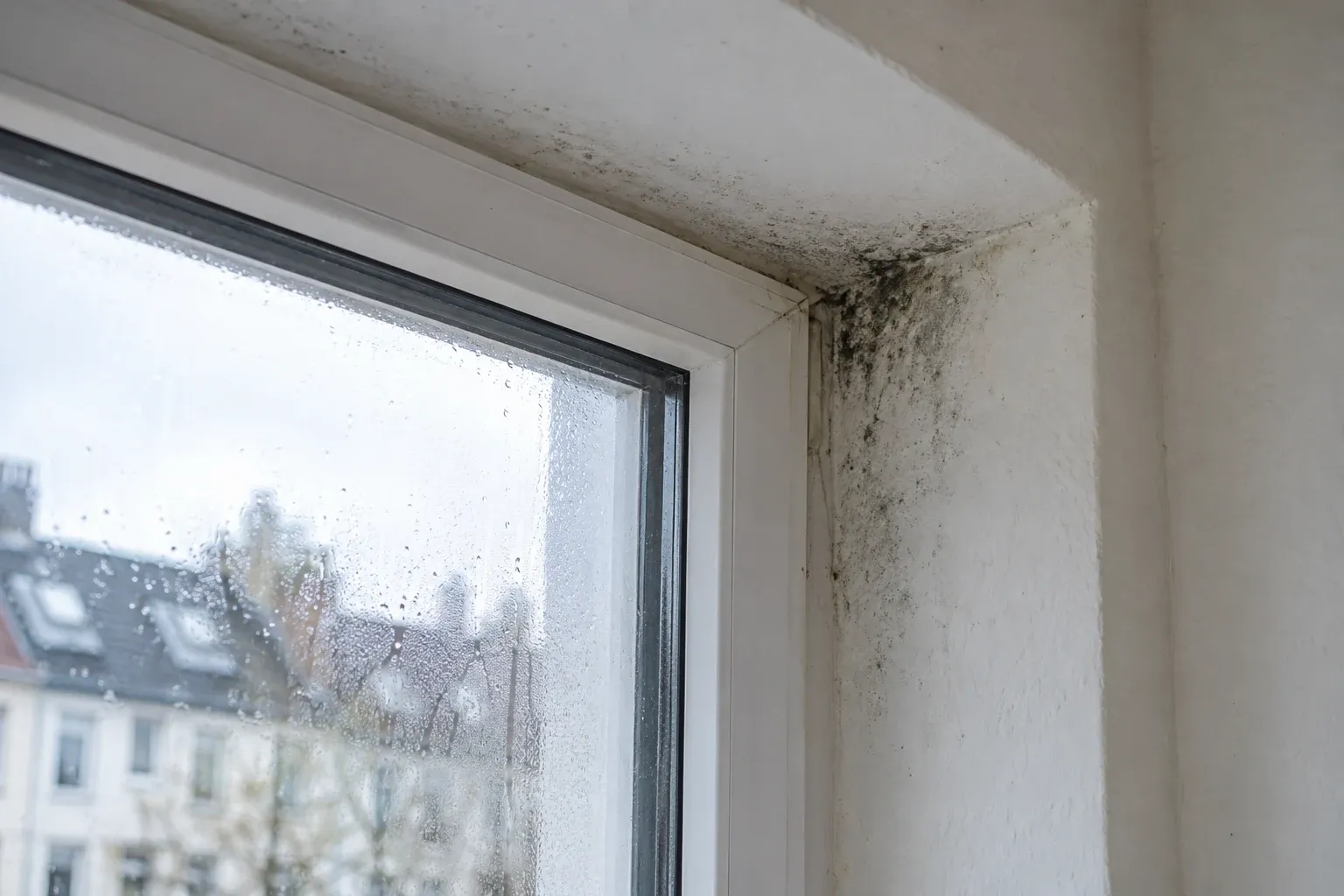 Kleine Schimmelstelle an einer feuchten Fensterlaibung (Symbolbild)