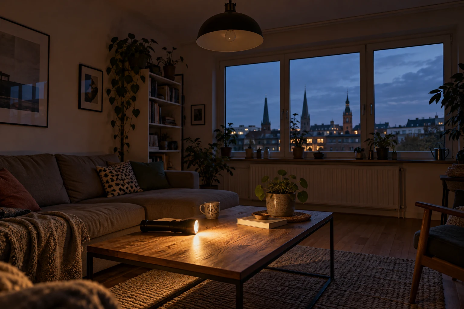 Wohnzimmer bei Stromausfall mit eingeschalteter Taschenlampe (Symbolbild)