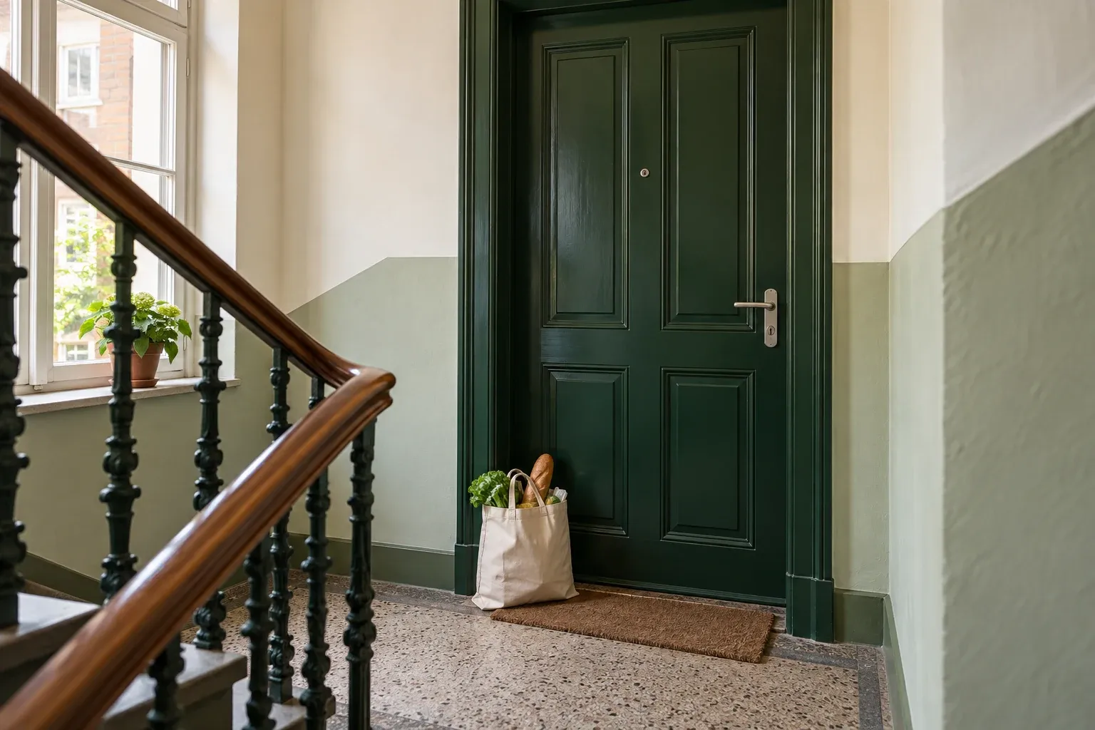Geschlossene Wohnungstür mit Einkaufstasche davor (Symbolbild)