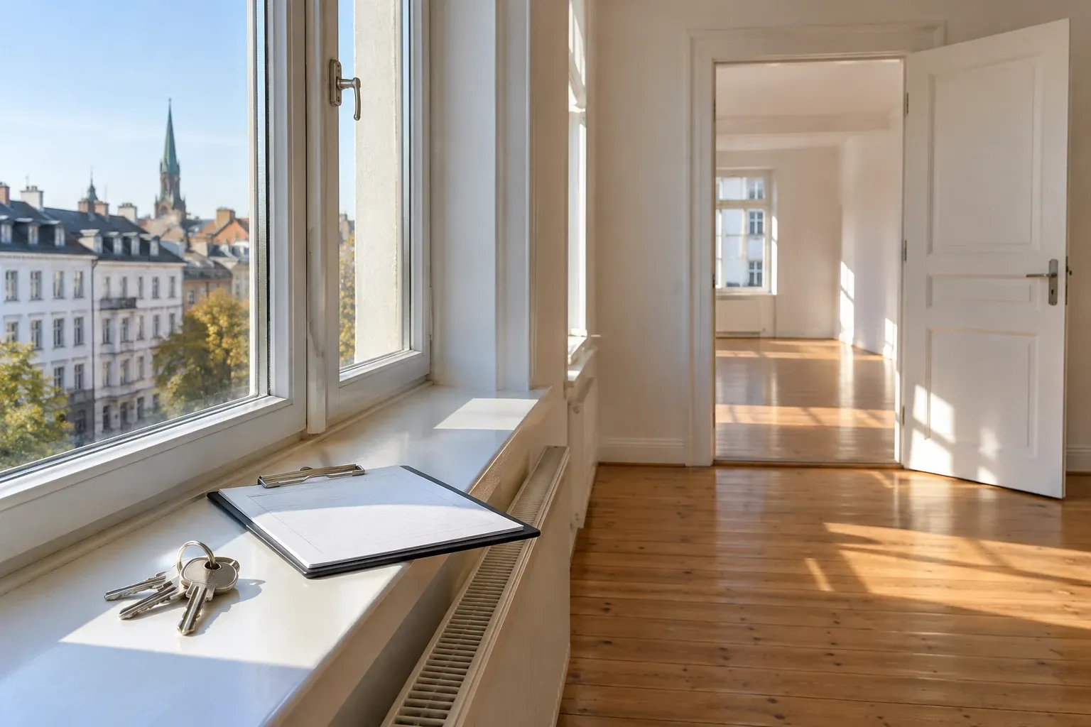 Wohnungsschlüssel und Übergabeunterlagen in einer leeren Wohnung (Symbolbild)