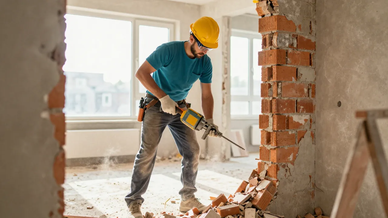 Facharbeiter mit Bohrhammer beim kontrollierten Wandabriss in einer Hamburger Wohnung