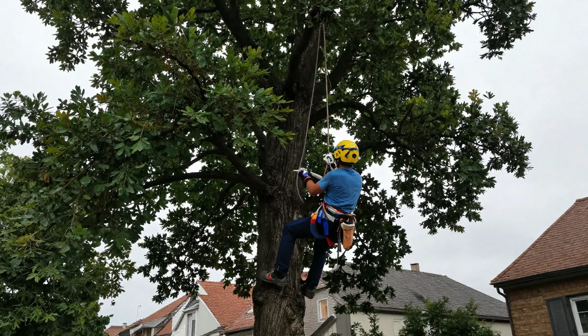 Baumpfleger arbeitet mit Hubarbeitsbühne an einem hohen Laubbaum in einem Hamburger Garten