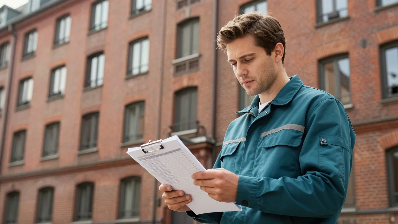 Hausmeister prüft Abrechnung an einem Hamburger Mehrfamilienhaus