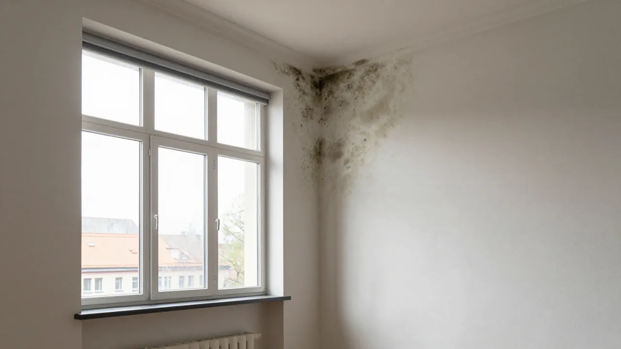 Schimmelbefall an der Außenwand eines Hamburger Altbaus — schwarze Verfärbungen zeigen Feuchtigkeitsprobleme