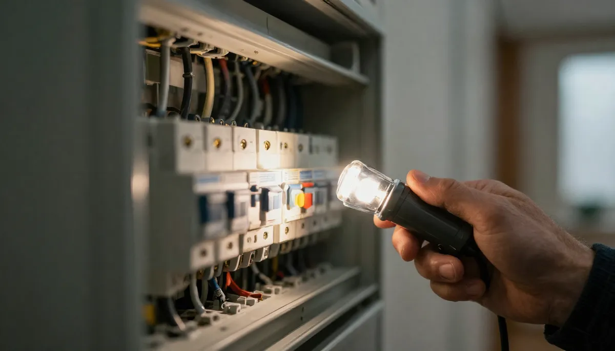 Elektriker prüft Sicherungskasten in einer Hamburger Altbauwohnung bei Stromausfall