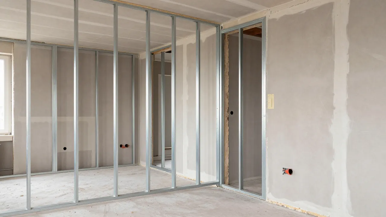 Trockenbauer montiert Gipskartonplatten auf Metallständerwerk — Raumteilung in Hamburger Altbau