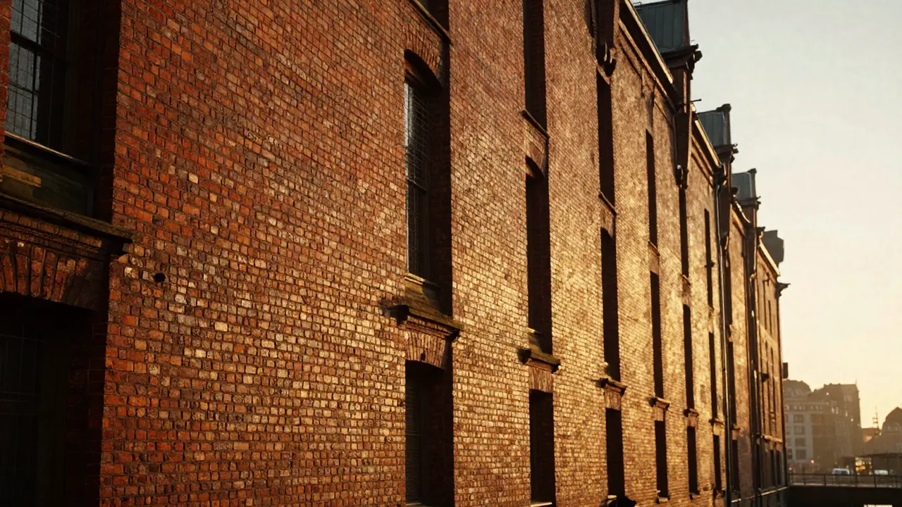 Verwitterte rote Backsteinfassade aus der Hamburger Speicherstadt im warmen Morgenlicht